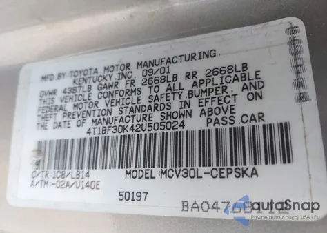 2002 Toyota Camry Se V6 from USA, damaged, VIN 4T1BF30K42U505024